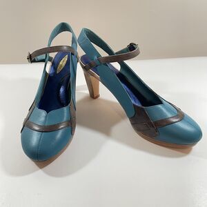 Glory Gold Womens Size 10 Heels Mary-Jane Platform Pumps Teal Blue & Brown Sling